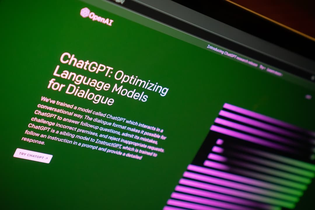 A display screen shows information about ChatGPT, a language model for dialogue optimization. The text includes details on how the model is used in conversational contexts. The background is primarily green, with pink and purple graphic lines on the right side. The OpenAI logo is positioned at the top left.