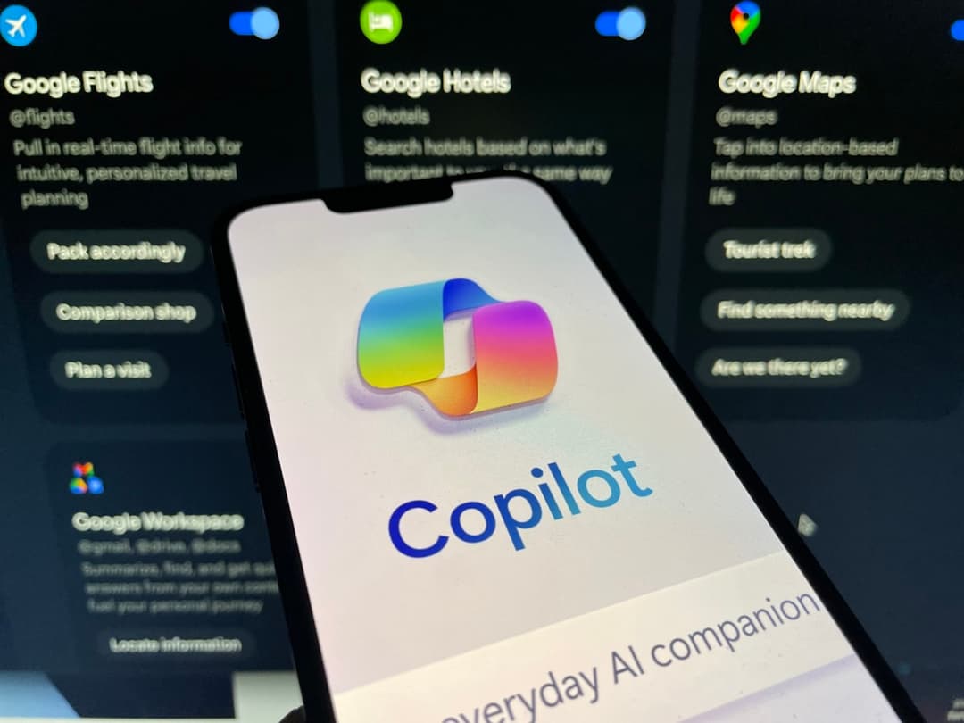 A smartphone displaying the 'Copilot' application screen, featuring a colorful logo and tagline 'Everyday AI companion'. The background consists of blurred images of digital applications such as Google Flights, Hotels, and Maps, suggesting various functionalities.